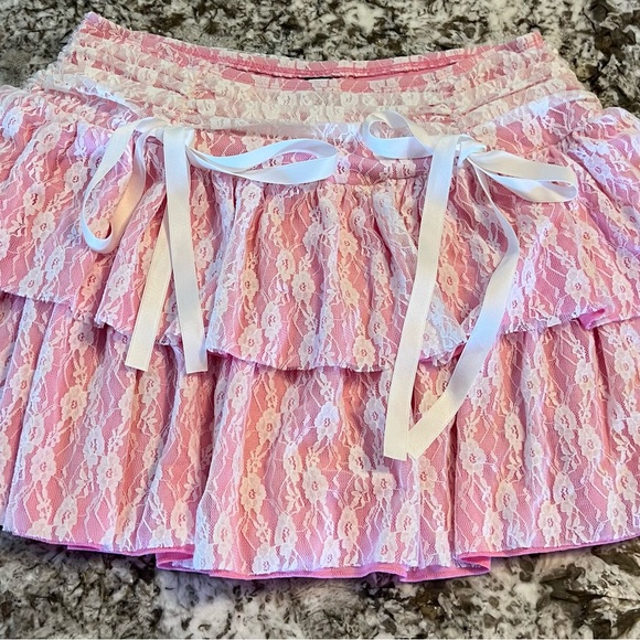 XL SHEIN MOD Knot Front Ruched Two Layer Hem Sexy Pink Lace Skirt Bows Kawaii - Picture 10 of 10